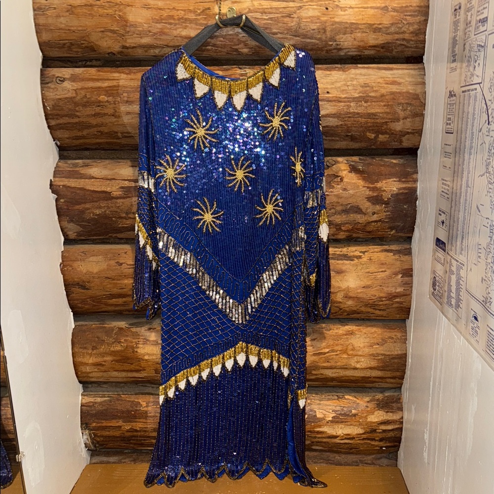 💙Vintage Great USED Condition Silk Blue and Gold Sequin Dress